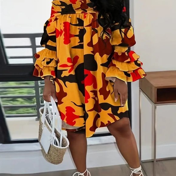 Plus Abstract Print Shirred Off Shoulder Layered Sleeve Slight Stretch Dress - Picture 4 of 11